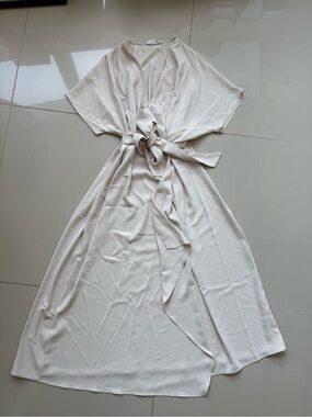 Mango Cream Wrap Midi Dress with Waist Tie